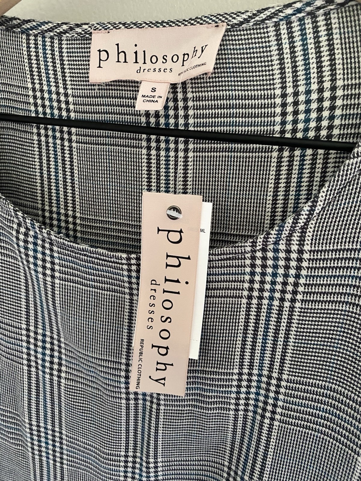 Philosophy black and white plaid shift dress with blue green stripes
