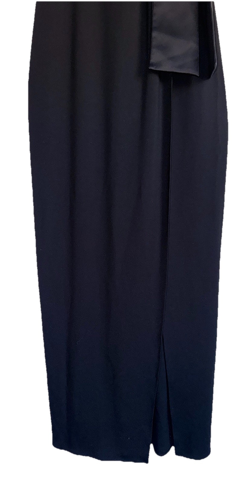 H HALSTON Black Strapless Drape Satin Bow Trim Front Slit Stretch Knit Gown 2 XS