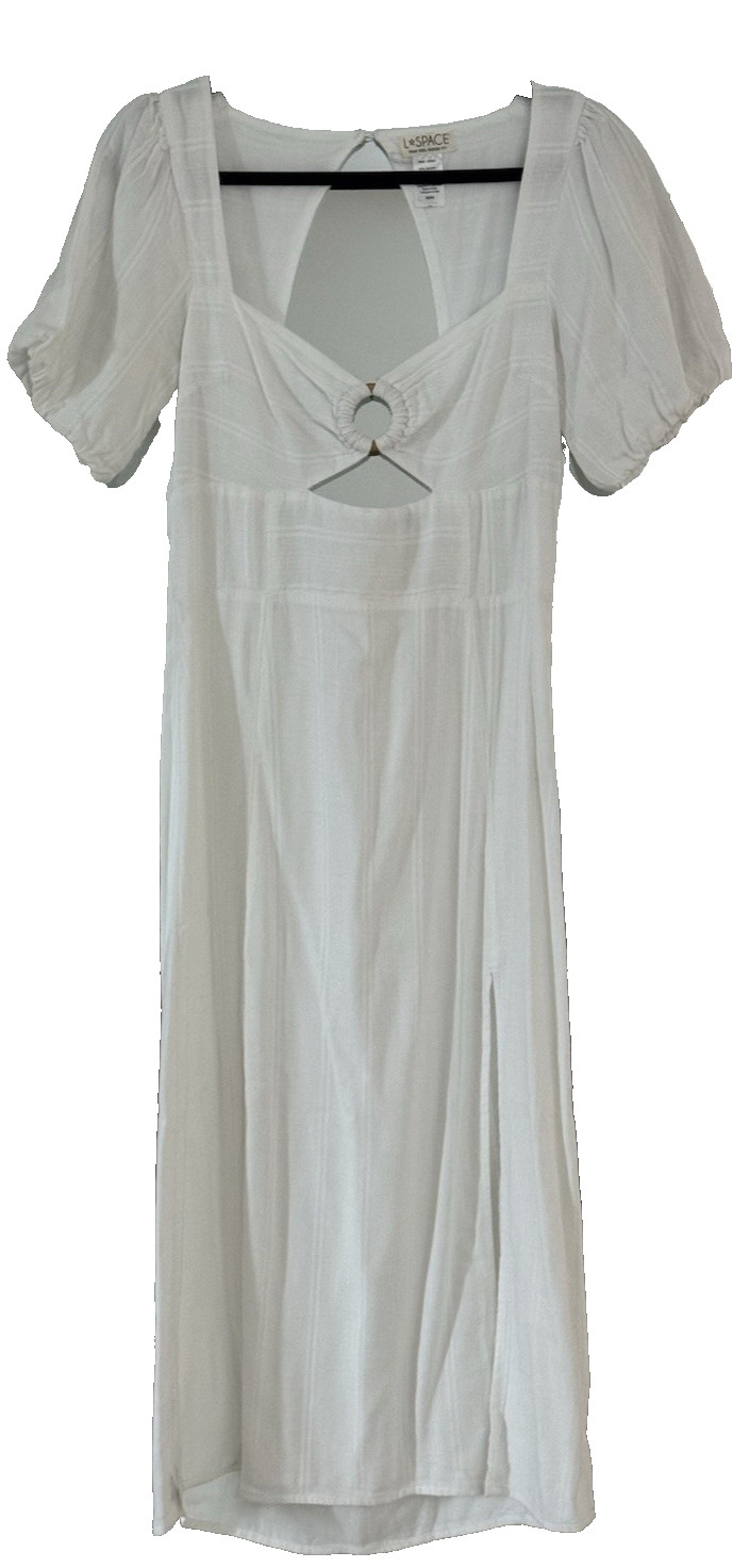 L*SPACE White Midi Dress Puff Short Sleeve Cut-Out Linen Blend Medium