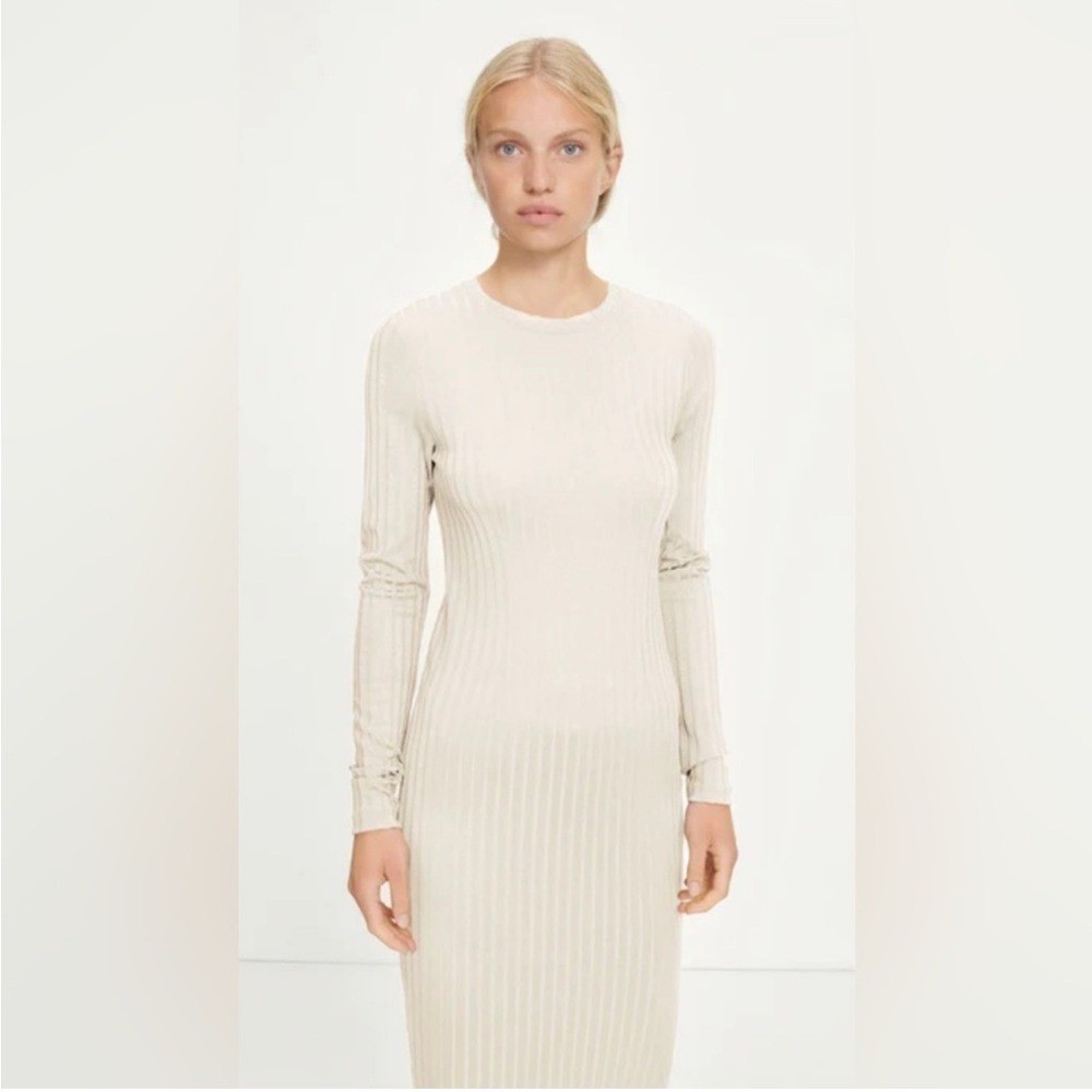 Samsoe Samsoe Jenari Ribbed Knit Eggnog Long Sleeve Sheath Dress Size Large