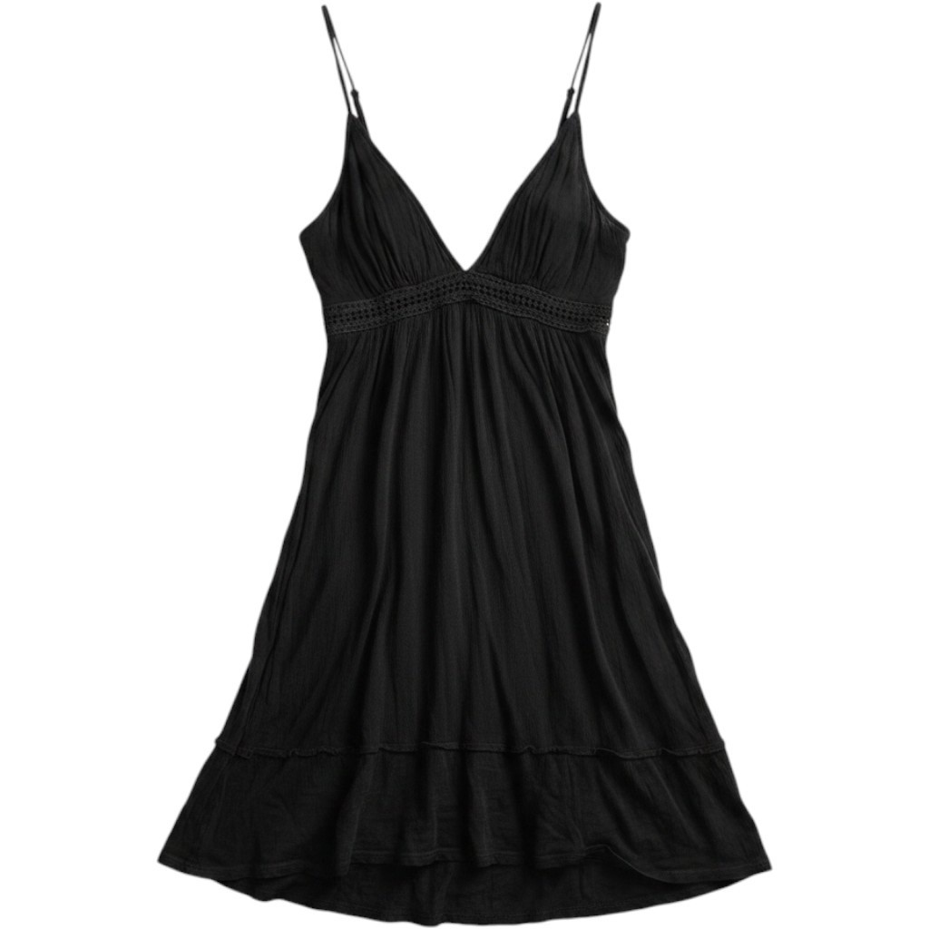 Lagaci Black Gauze Crochet Lace Empire Waist Ruffle Hem Mini Dress XL G-6495
