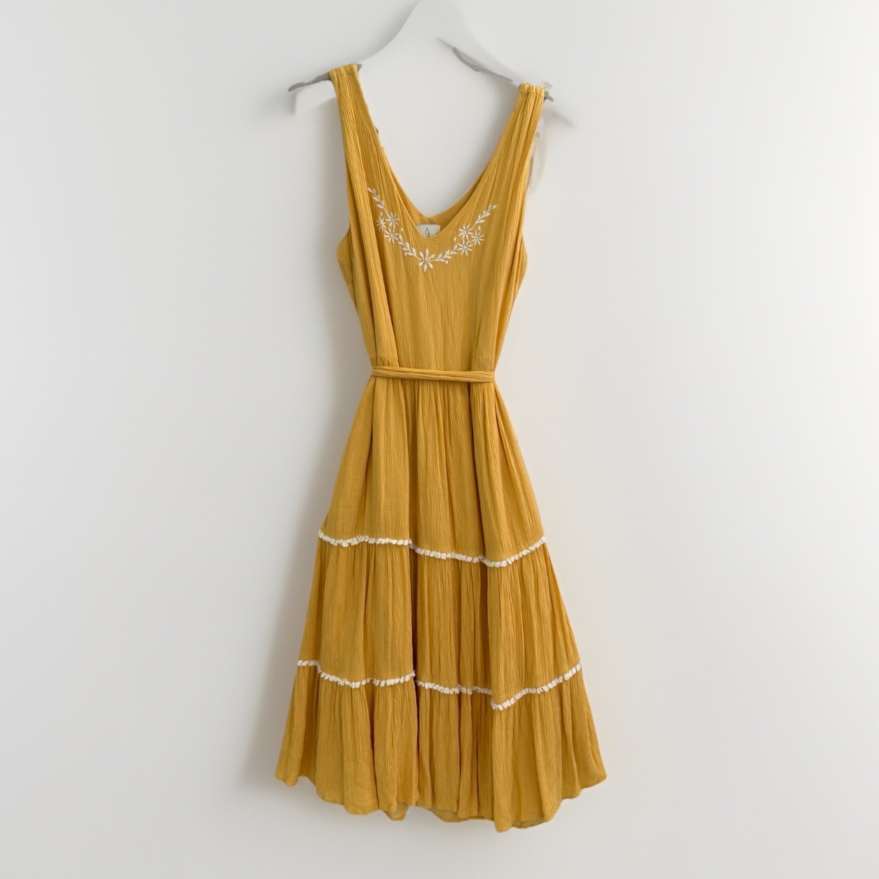 NEW Joie Dress Embroidered Tiered Ruffle Dress Mustard Yellow Boho Cottage