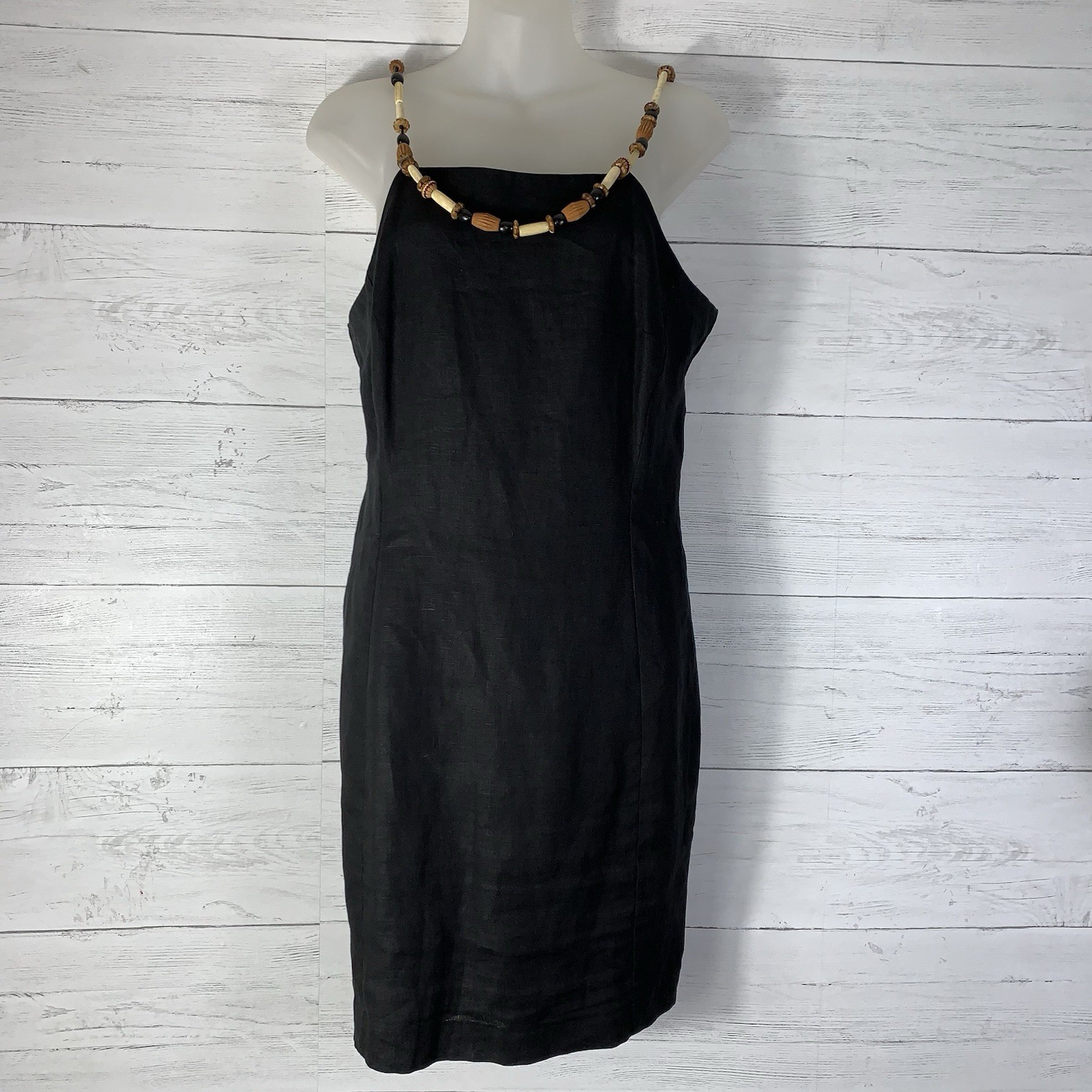Vintage Jackie Bernard Wooden Beaded Strap Black Linen Dress Sz 10