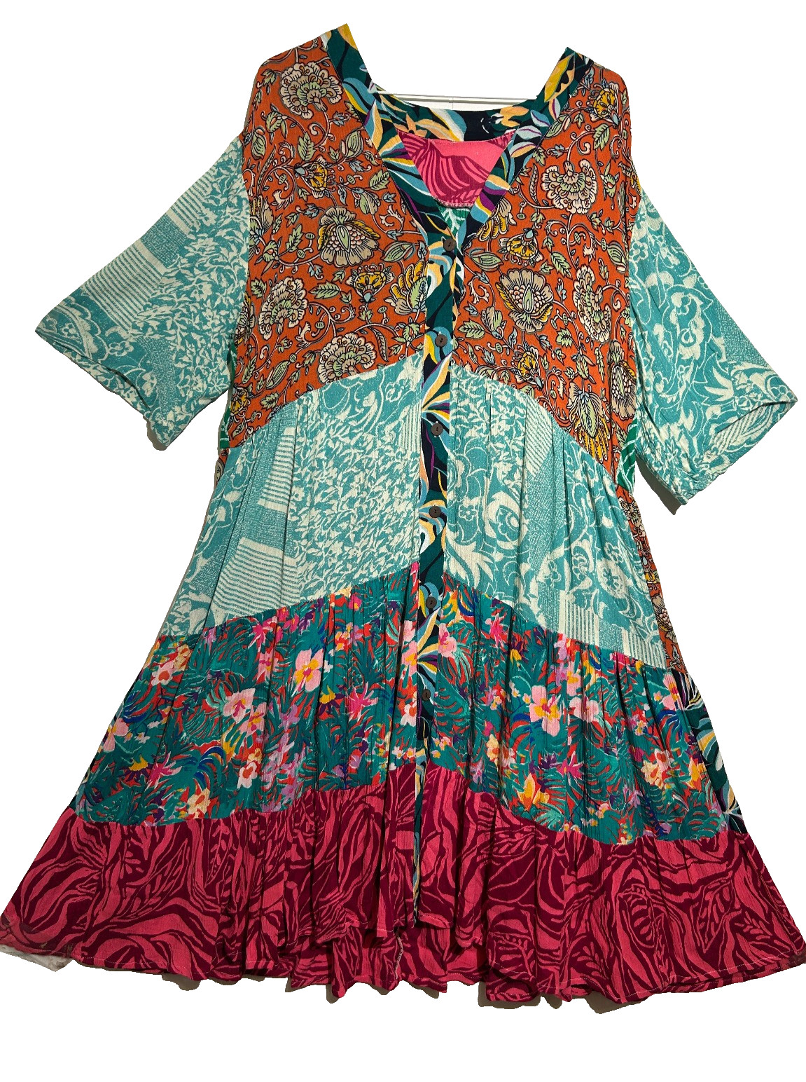 Nwt SACRED THREADS floral bohemian funky hippie rayon tier DRESS XL Free shippin