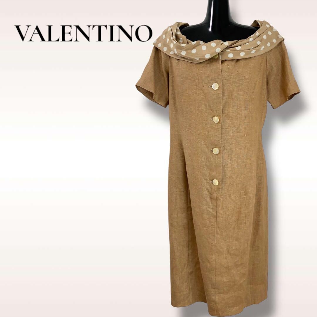 VALENTINO Dress Size 9 96cm Length Beige Short Sleeve Dot Collar