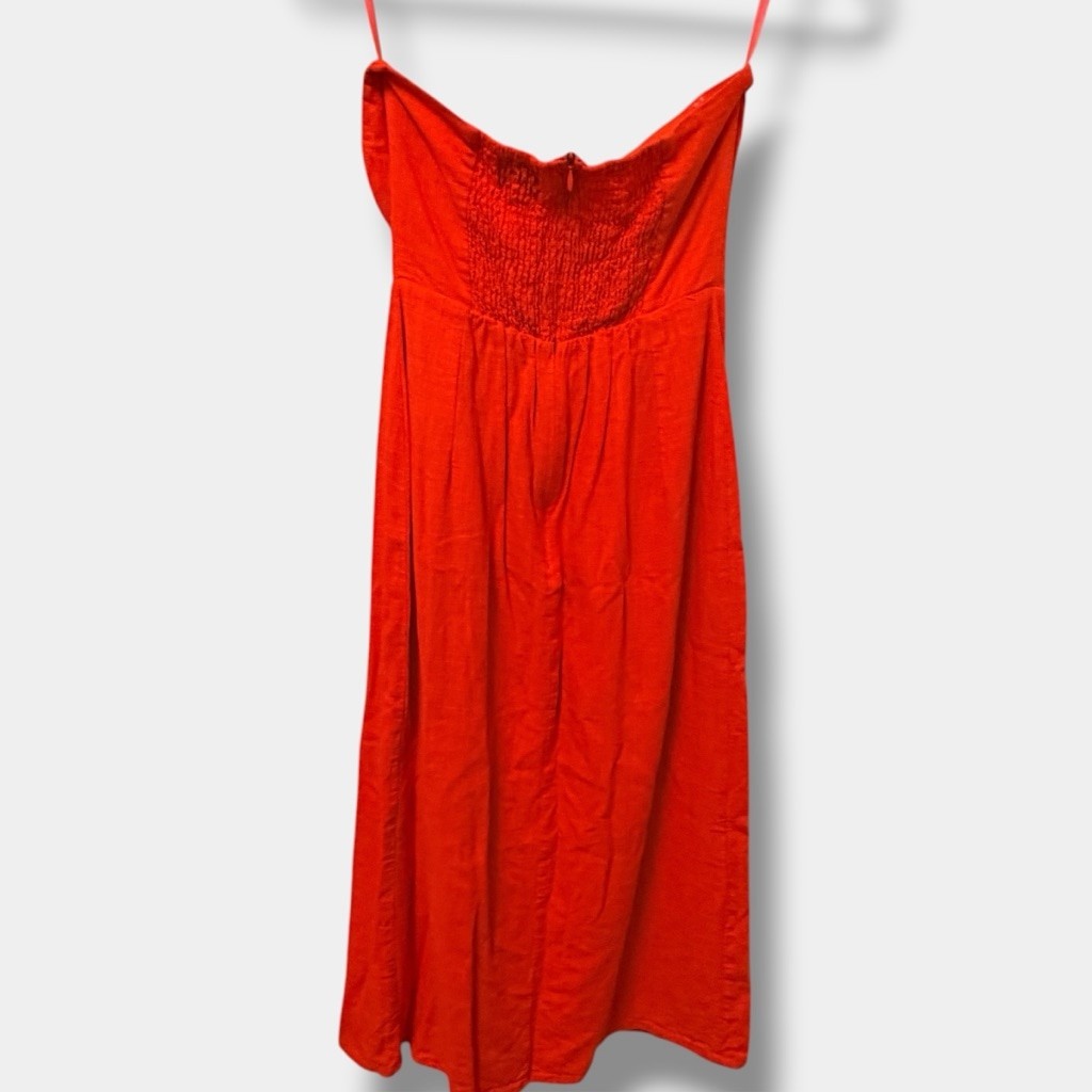 SNDYS Everyday Strapless Linen Blend Midi Dress Orange/Red Side Slit Size M