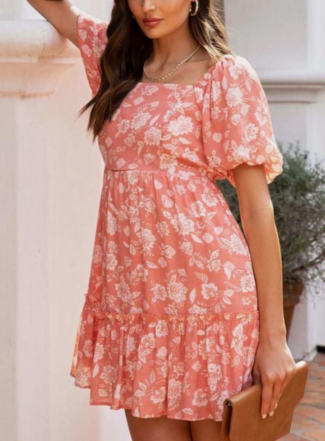 August Sky Dress Womens Size L Floral Puff Sleeve Smocked Waist Tiered Peasent