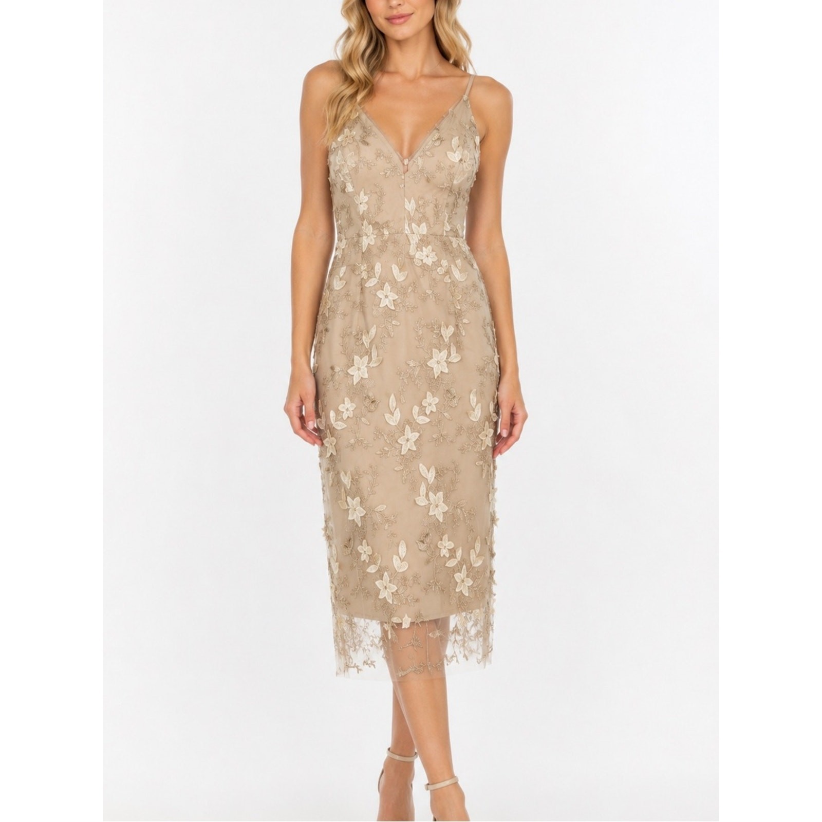 Dress Forum Embroidered Floral Mesh Midi Dress Beige Cream Size Small
