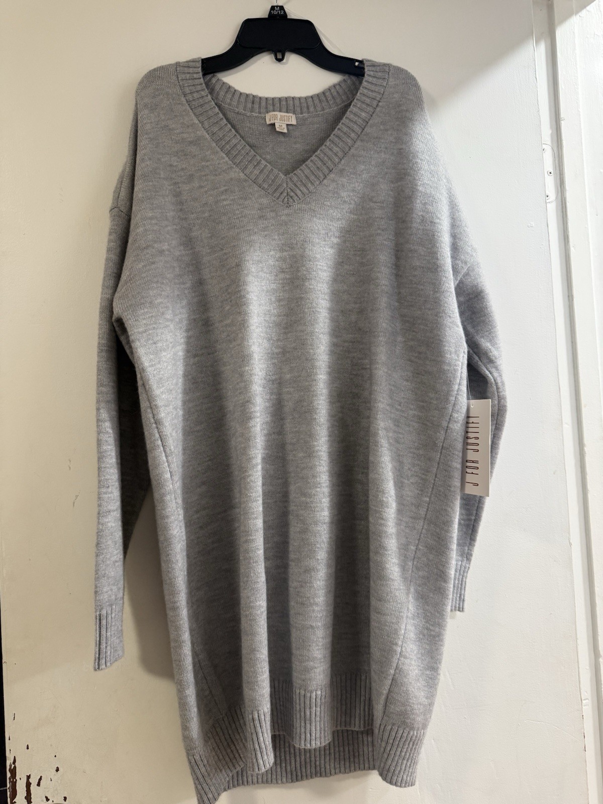J FOR JUSTIFY Gray Acrylic Knit Sweater Dress V-Neck Midi Long Sleeve M