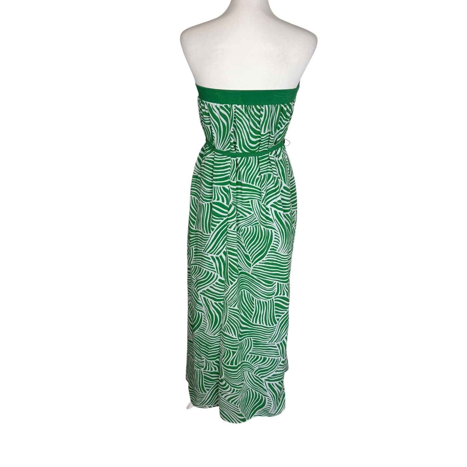 Old Navy Womens Green White Abstract Wave Strapless Maxi Dress Size M Tie Belt