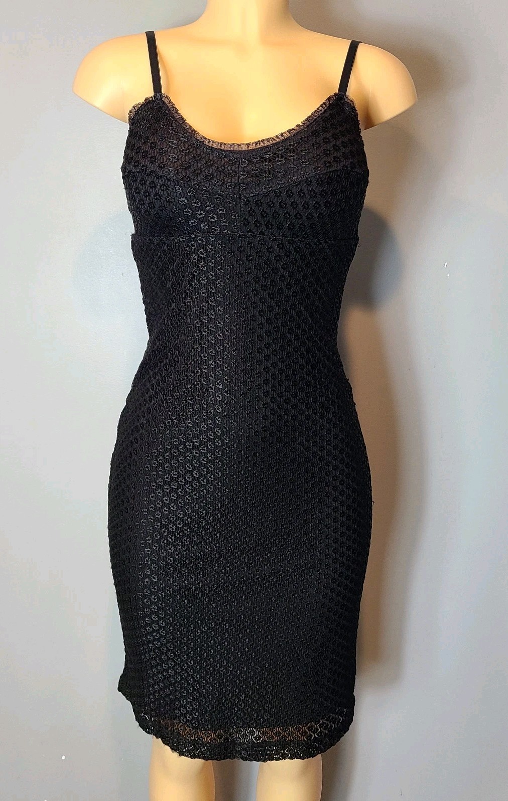 Vtg Y2K Black Stretch Lace Dress S Fairy Grunge Dark Feminine 90s Minimalist