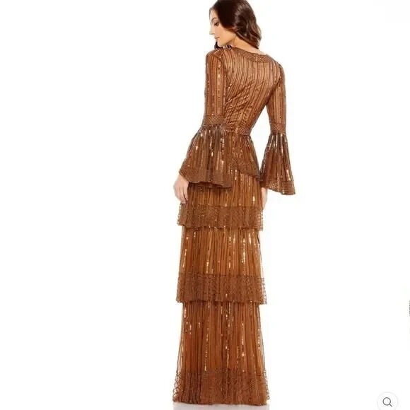 Mac Duggal Copper Sequin Stripe Long Bell Sleeve Tiered Ruffle Gown Size 20 $698