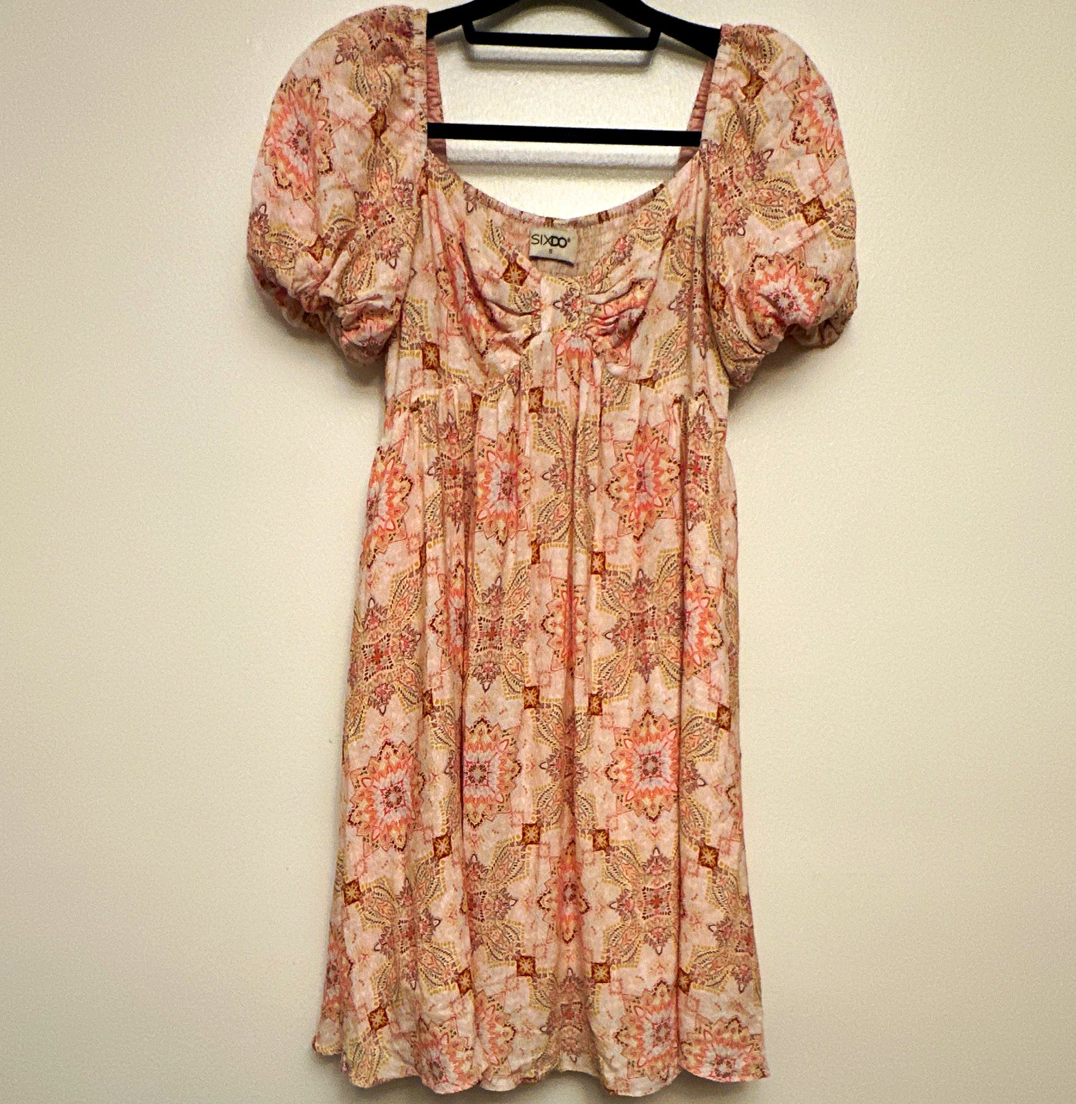 SIXDO Pink Paisley Square Neck Puff Sleeve Knee Chiffon Polyester Dress S