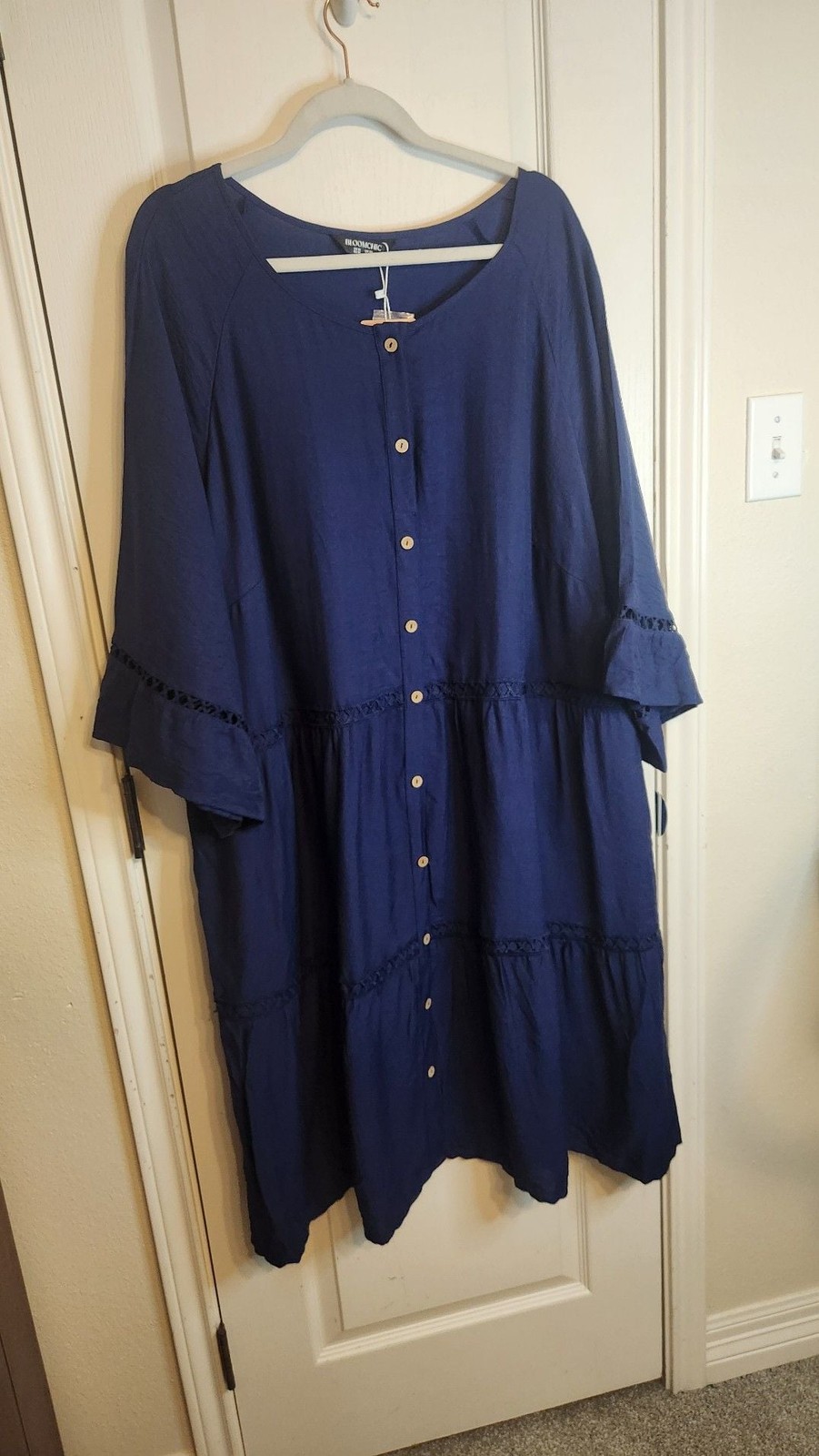 Bloomchic Navy Blue Tiered Button-Front Midi Dress with Eyelet Detail