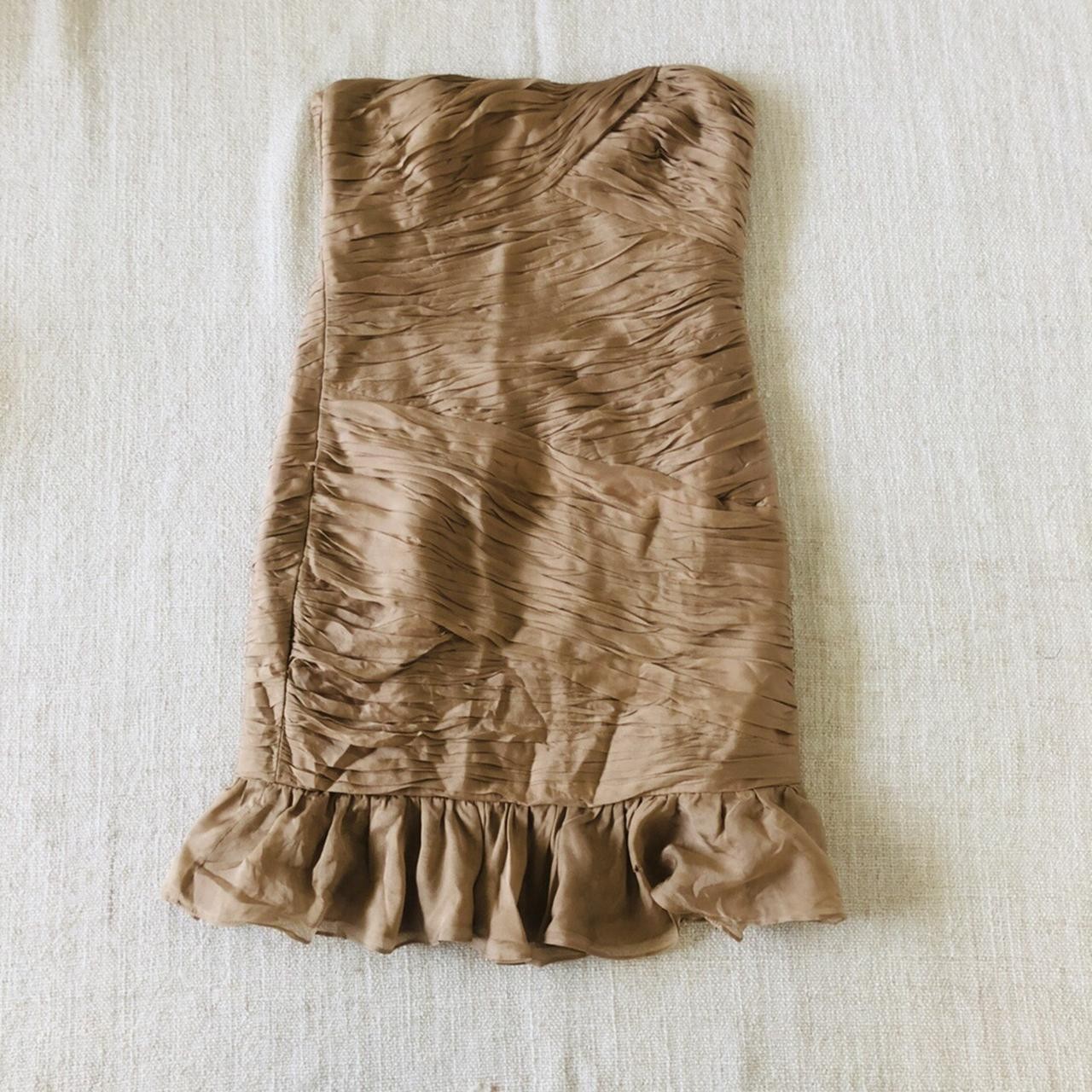 Halston Heritage Strapless Mini Dress Tan Ruched Ruffle Hem S – Used