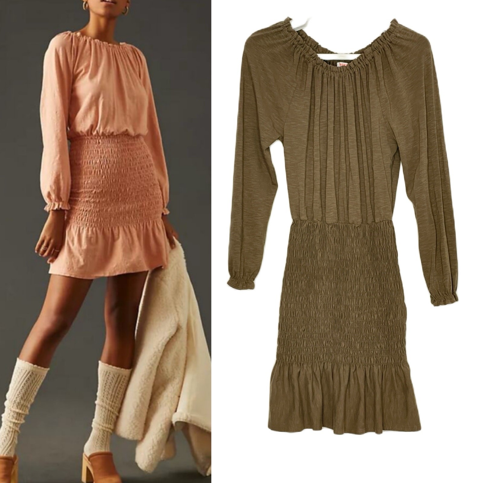Sundry Brown Cappuccino Elastic Neck Raglan Sleeve Smocked Dress Size 0