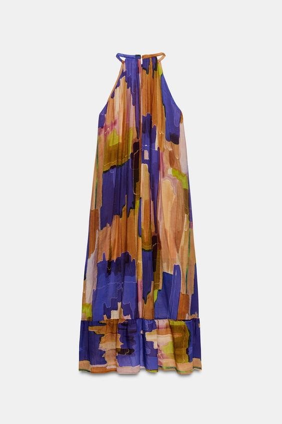 ZARA ARTY LONG MULTICOLOR ASYMMETRIC WRINKLED PRINTED HALTER DRESS sz S 3897/119