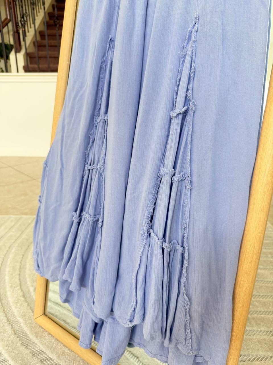 Free People Blue Open Back Smocked Maxi Dress Size M Boho Raw Edge Pockets