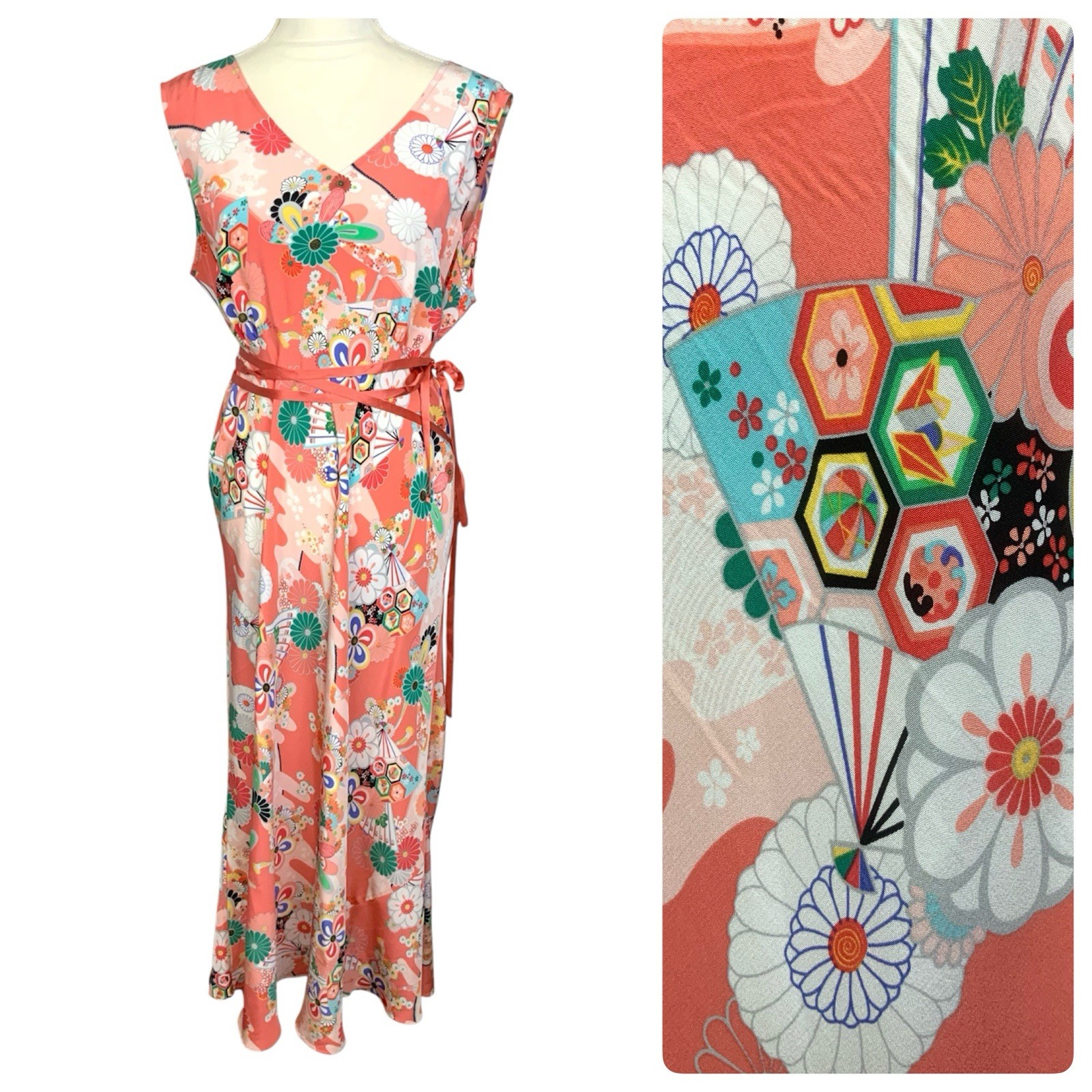 VTG 90s Diane von Furstenberg Sz 1X 100% Silk Floral Asian Waist Tie Maxi Dress