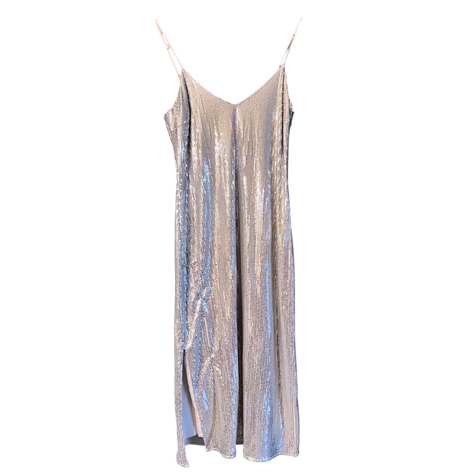 Sequin Slip Dress Silver Sleeveless Midi Party Cocktail Evening Women’s