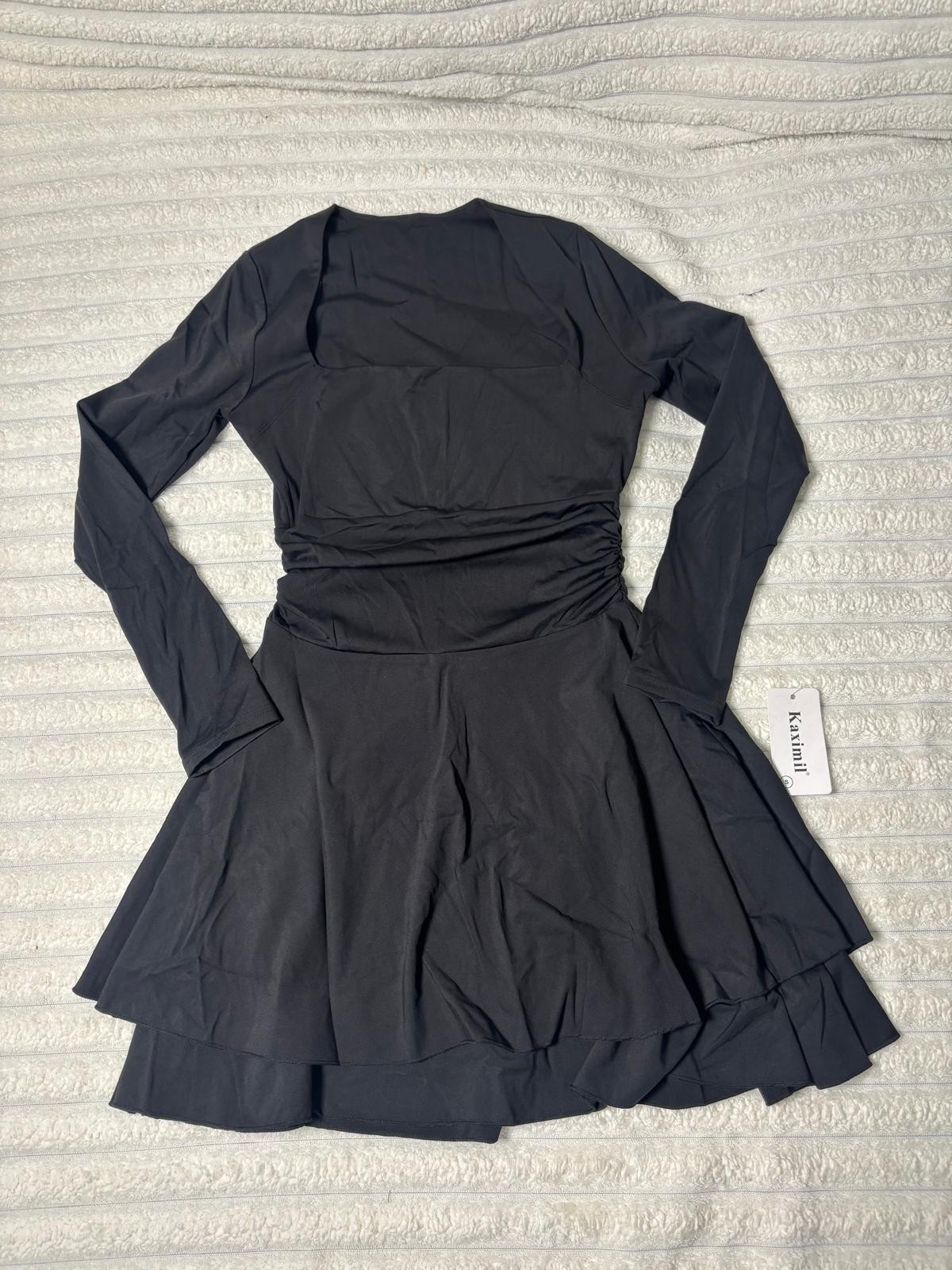 Kaximil Size S, Black, Women Square Neck Ruffle Hem Mini Dress Ruched Waist Long