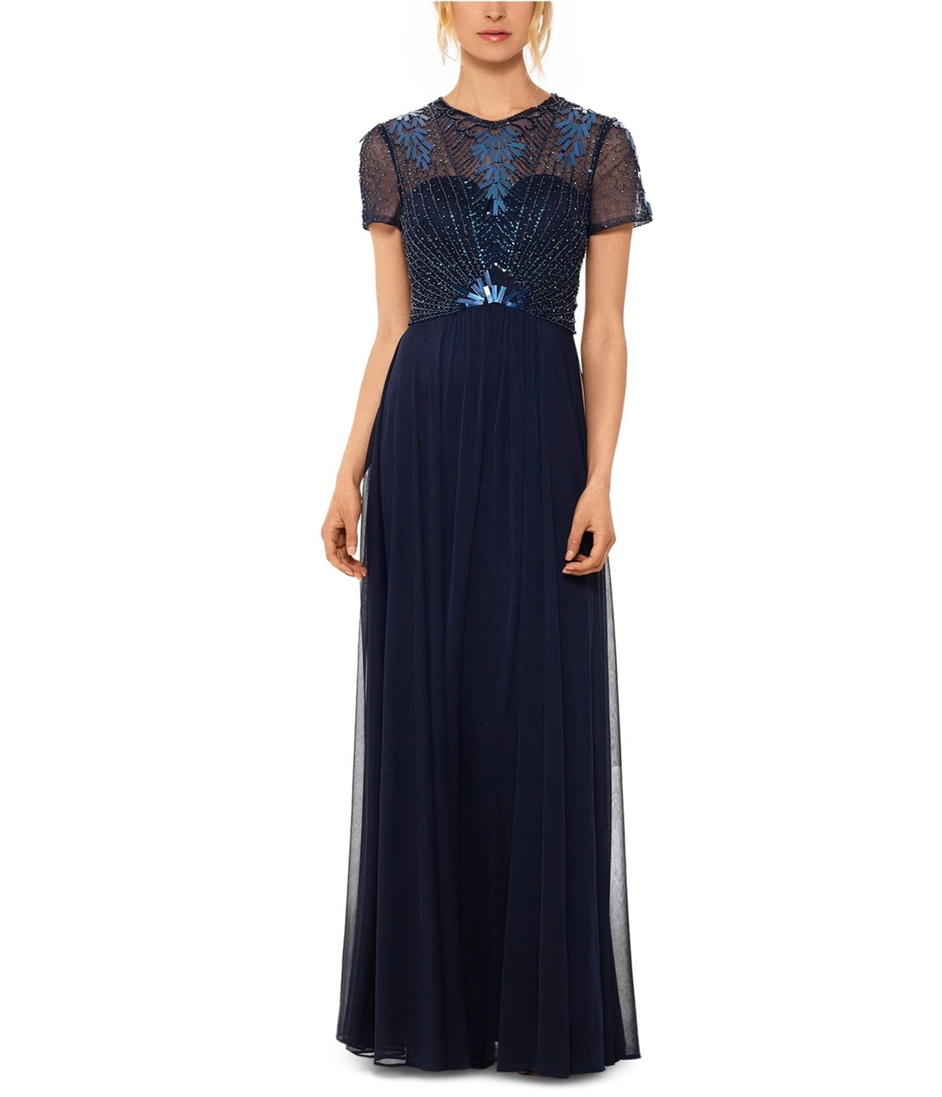 Betsy & Adam Womens Embellished-Bodice Gown A-line Dress, navy, 4