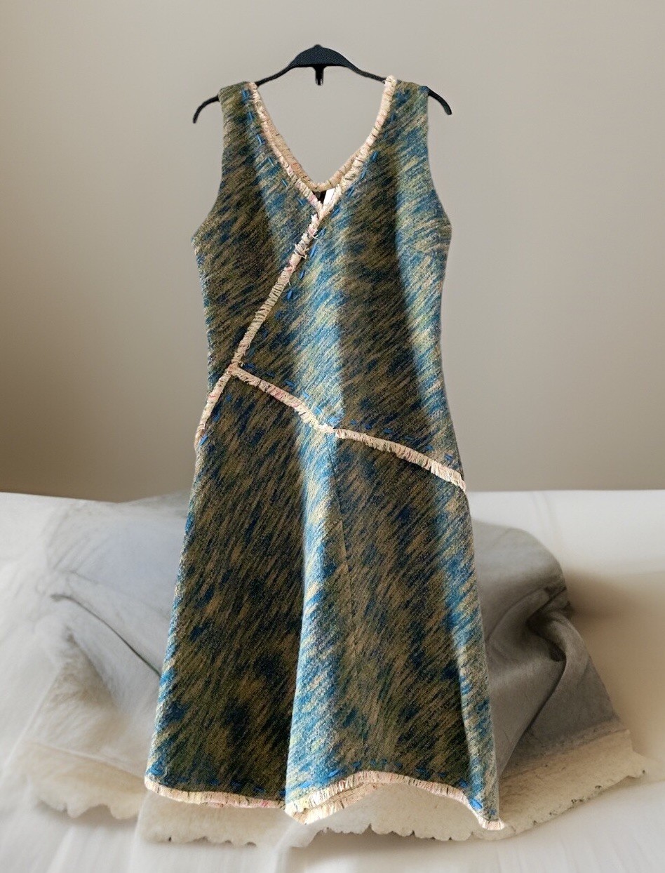 CACHAREL Unbalanced Wool Tweed Dress with Frayed Trim, Green-Blue, Size 40/Small