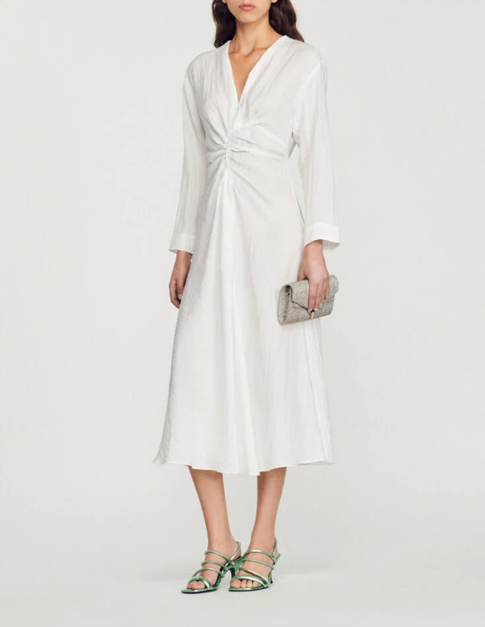 Sandro Women’s Dress Midi V-Neck Long Sleeve Woven White FR 36 / US 4 S