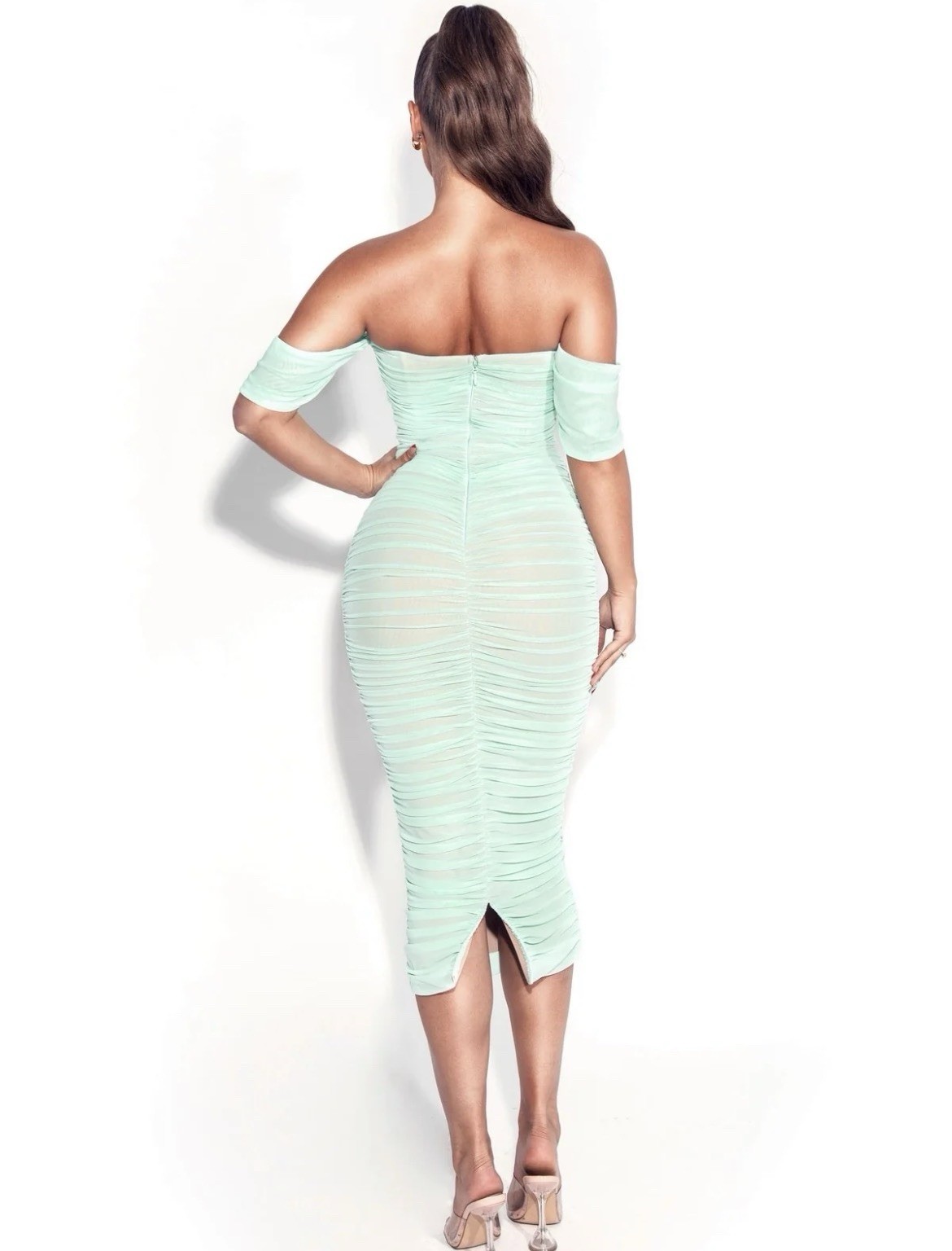 Womens Mint Green Off Shoulder Ruched Mesh Bodycon Midi Dress Size S Zip Closure