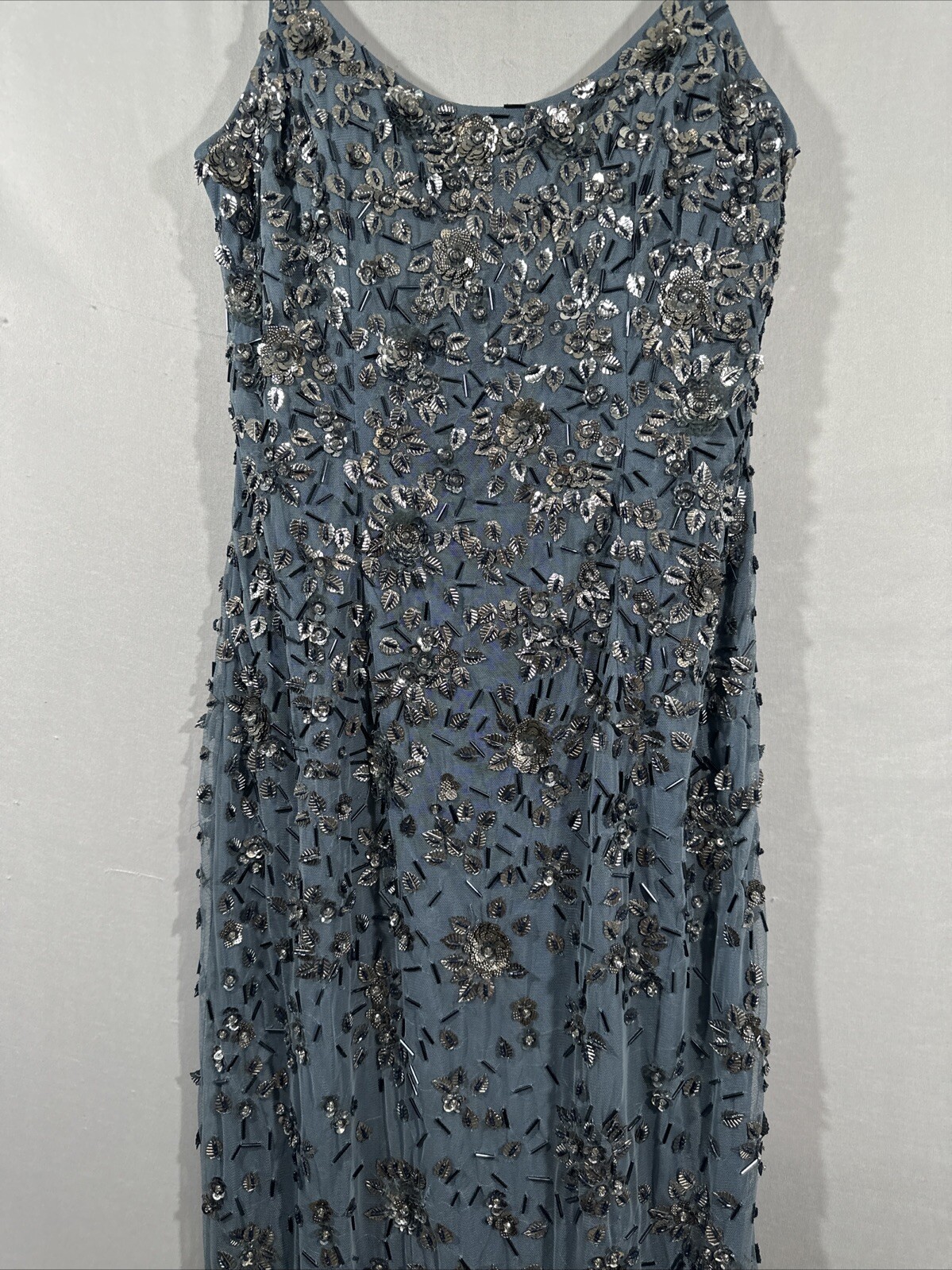 NWT Mac Duggal [ 8 ] 5477 Floral Embellished Scoop Neck Gown in Slate Grey #J853