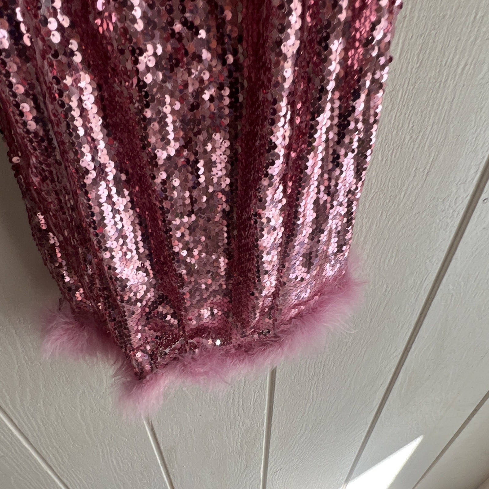 Kouture Marchi Pink Sequin Feather Hem Sweetheart Bodycon Mini Dress, M