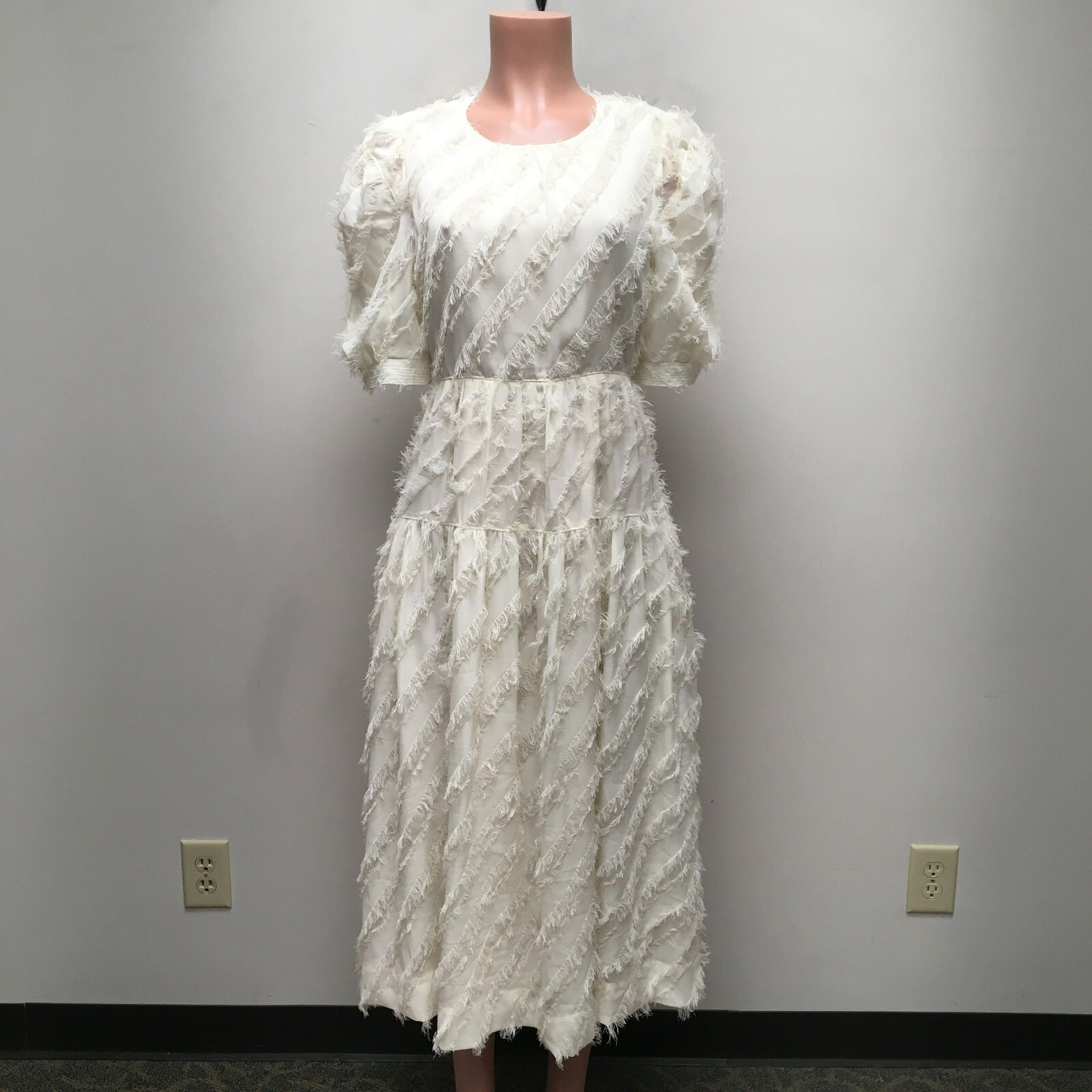 En Saison Natural Texture Stripe Chiffon Fringe Cut Out Tie Back Midi Dress M