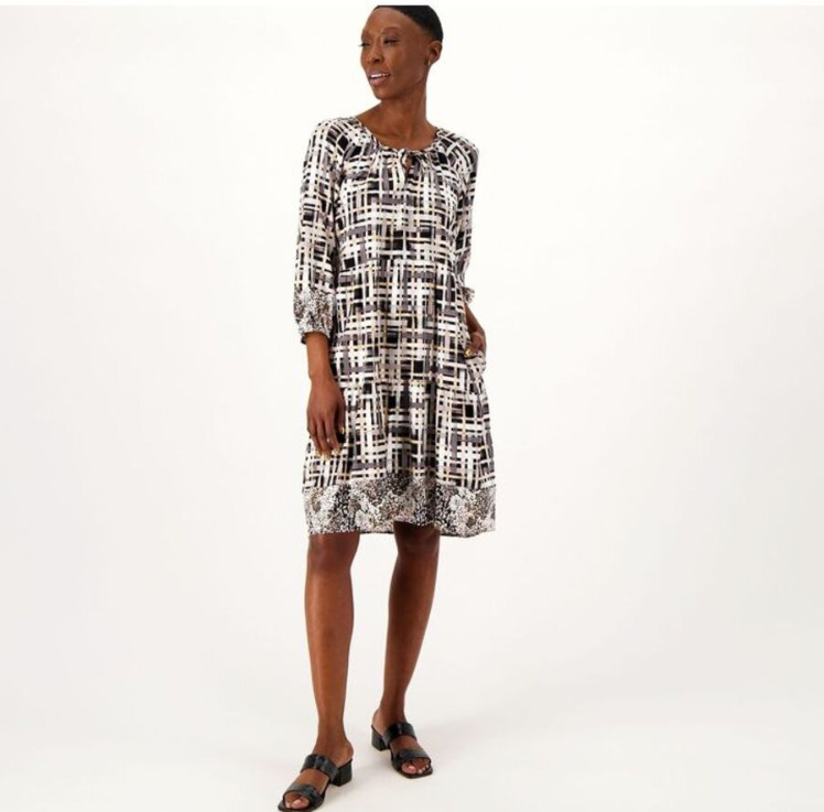 Isaac Mizrahi Live Dress sz M Twin Printed Hi-Low Dress Neutral A596712