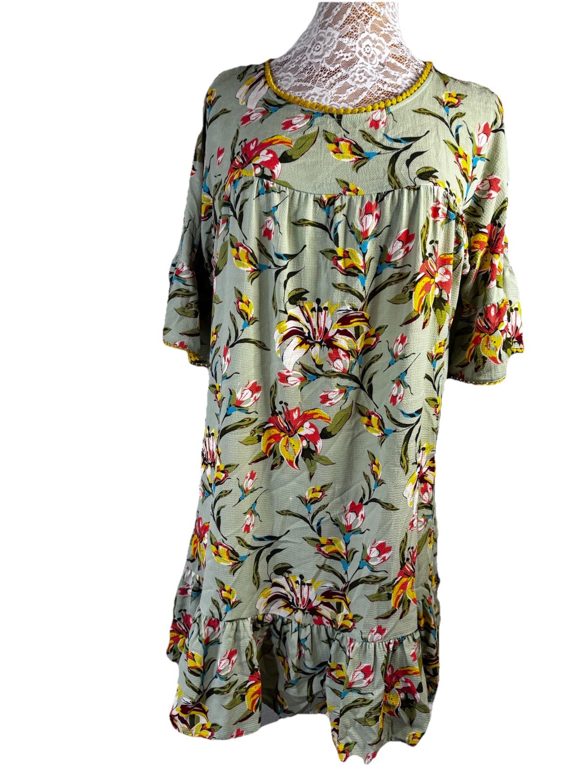 Uncle Frank Tropical Borders Dress Floral Green Ruffle Hem & Sleeves Midi L Art