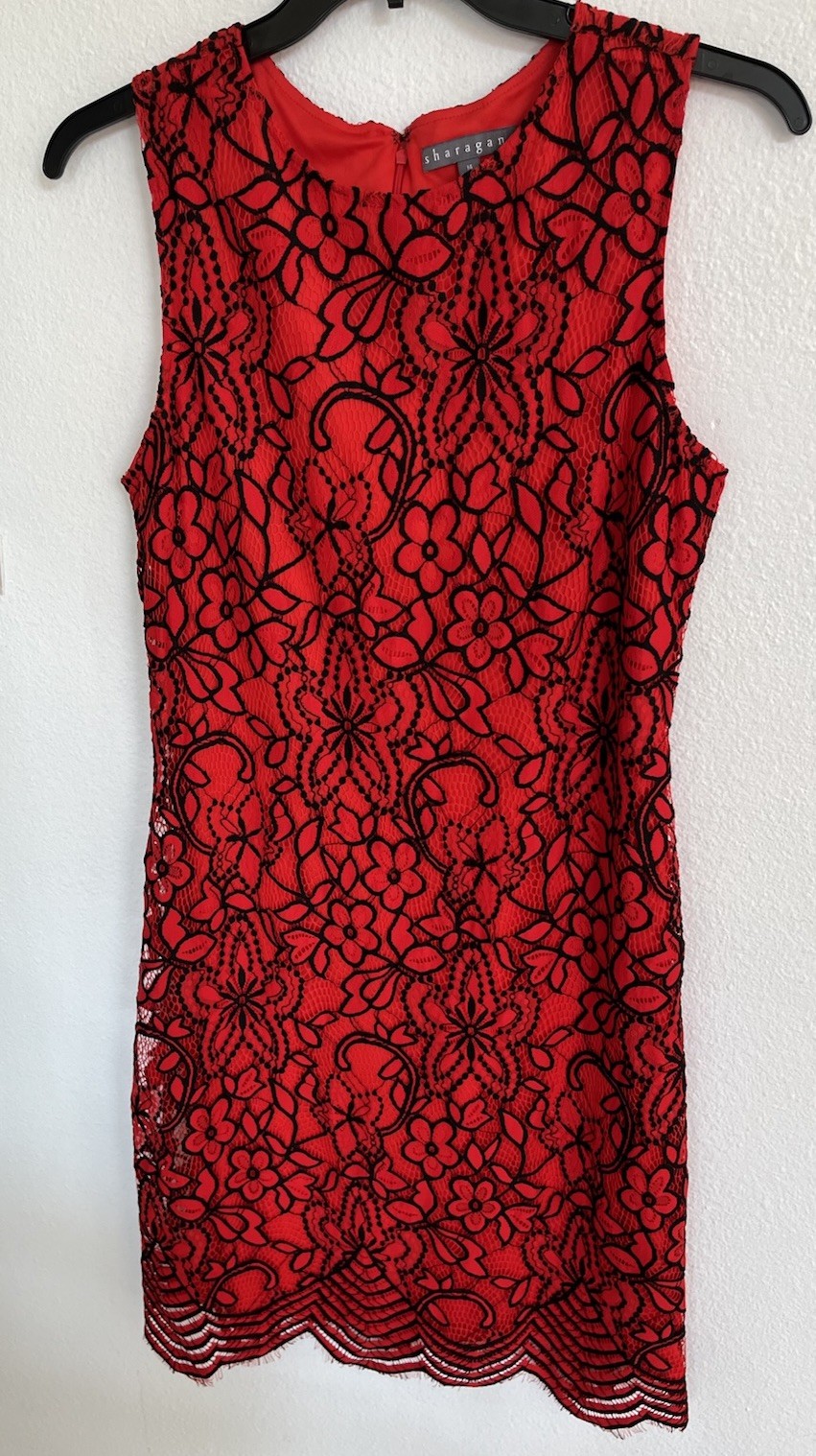 Sharagano Floral Lace Overlay Womens Cocktail Dress Size 14 Red Black Classic