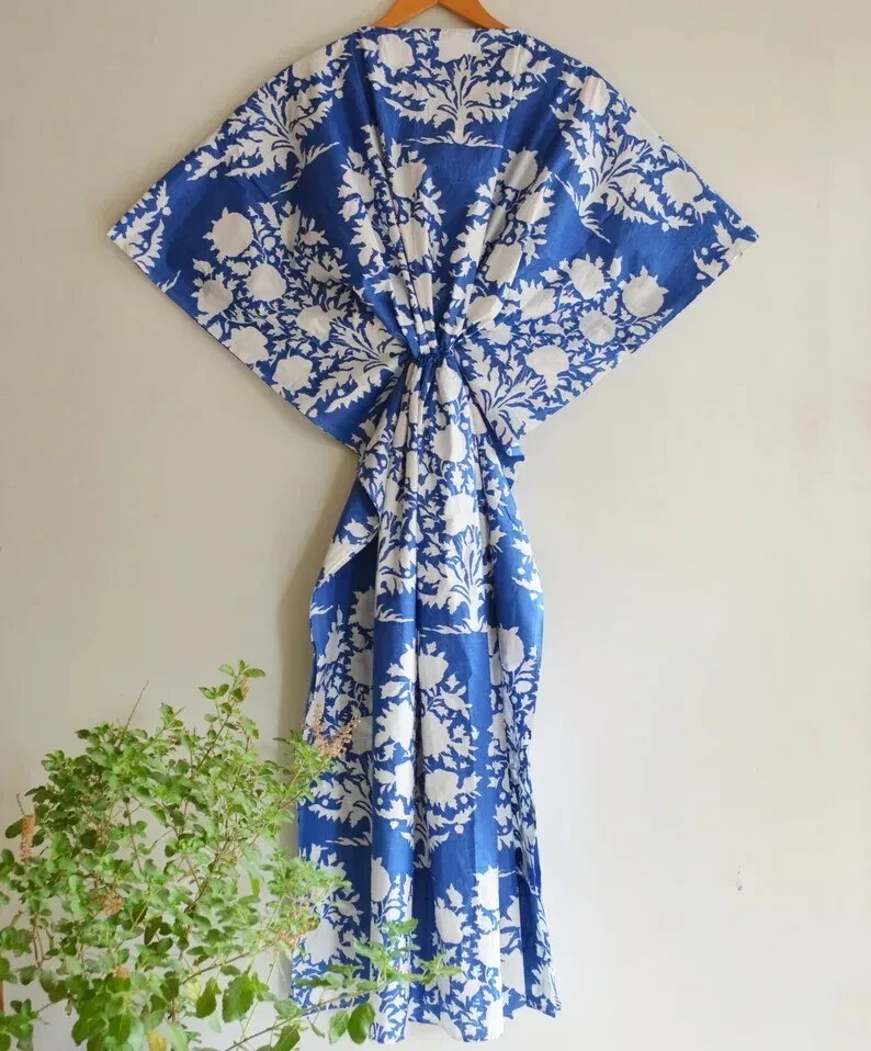 Indian Vintage 100% Cotton Long Beach Maxi Kaftan Dress One Size Caftan Kimono