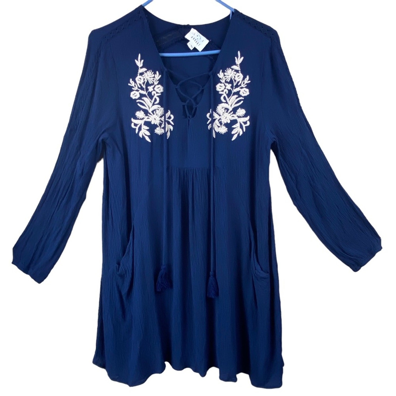 Lost + Wander Boho Floral Embroidered Tunic Top Dress Size L Navy Blue