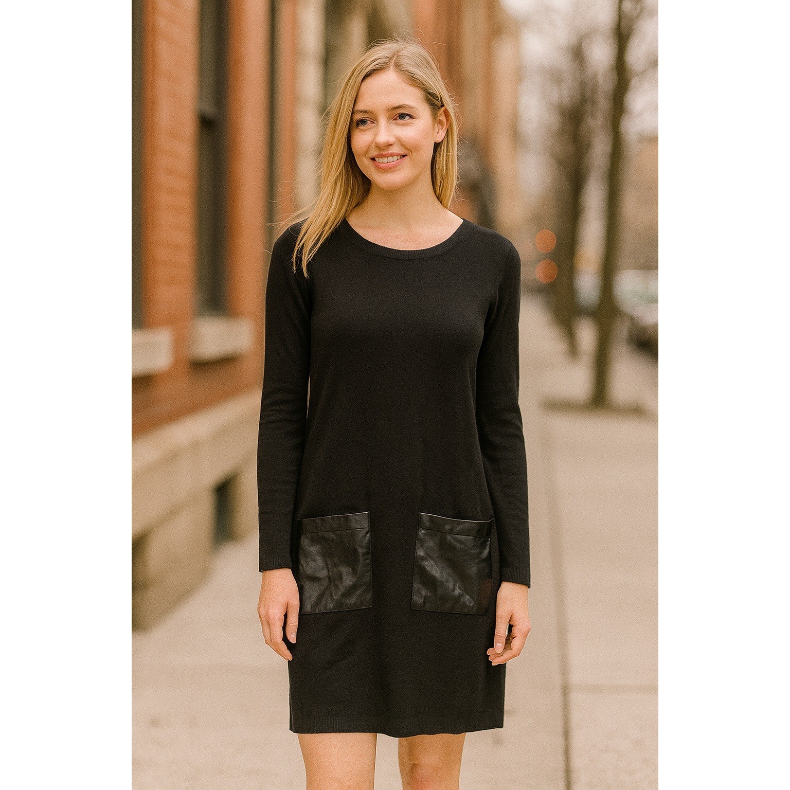 DKNY Sweater Dress Womens XS Black Shift Pockets Zip Up Stretch Long Sleeve
