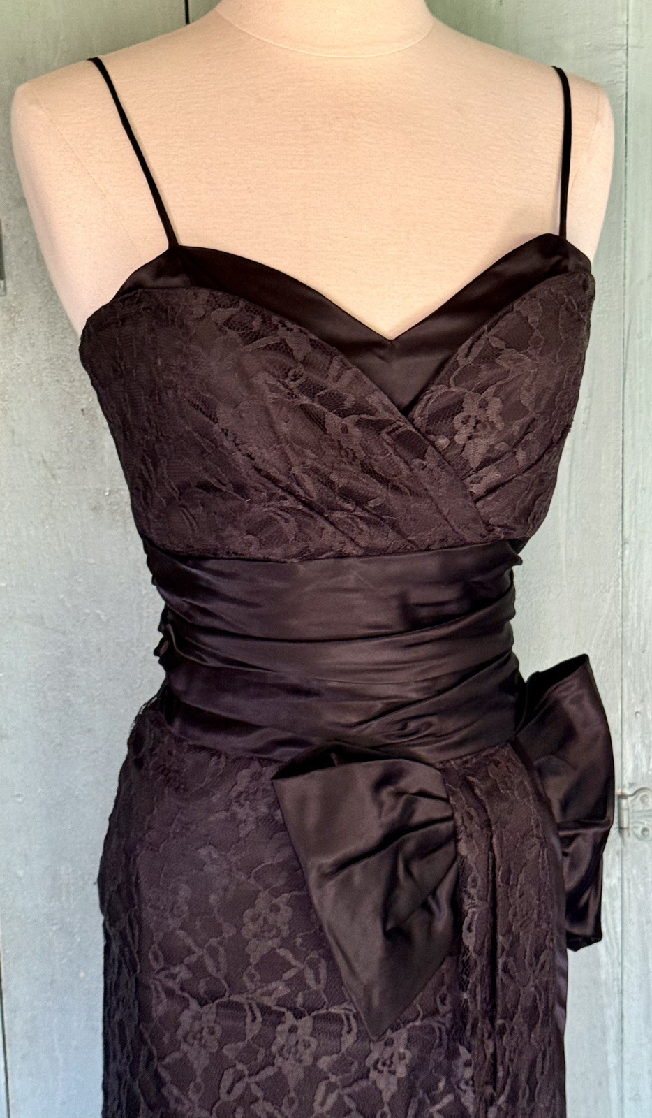 LBD Straps Sweetheart Lace Overlay Wrap Ruched Black Dress Bow Sash S+