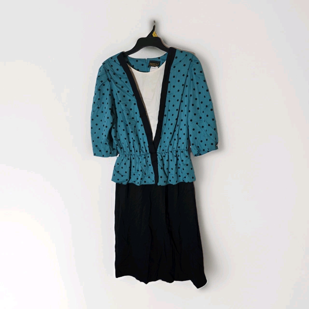 Breli II Teal Black Polka Dot V-Neck 3/4 Sleeve Knee Dress Pockets 16