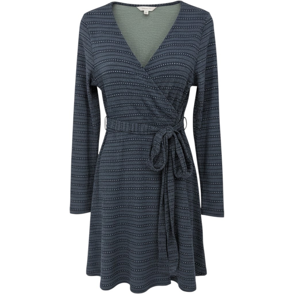 Toad&Co Faux Wrap Dress Womens Large Blue Long Sleeve Eco Organic Cotton Blend