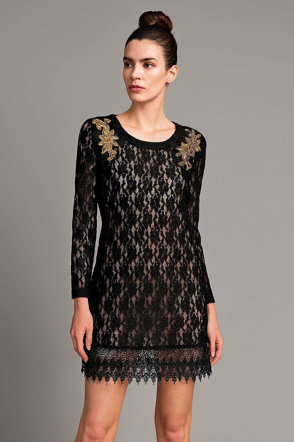 Dress S M Vtg 80s Black FLORAL Sheer LACE Sequin APPLIQUE FRINGE Hem TROPHY MINI