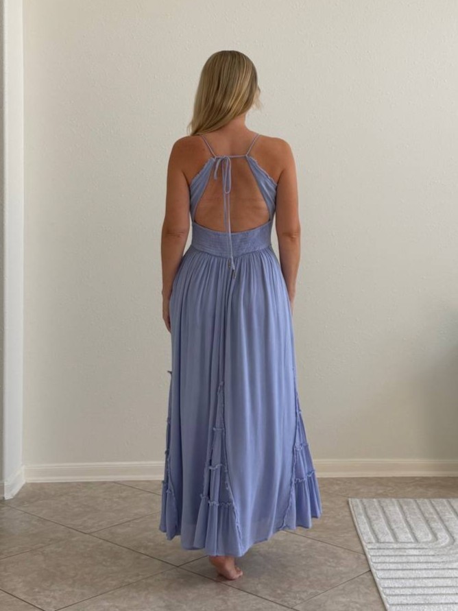 Free People Blue Open Back Smocked Maxi Dress Size M Boho Raw Edge Pockets
