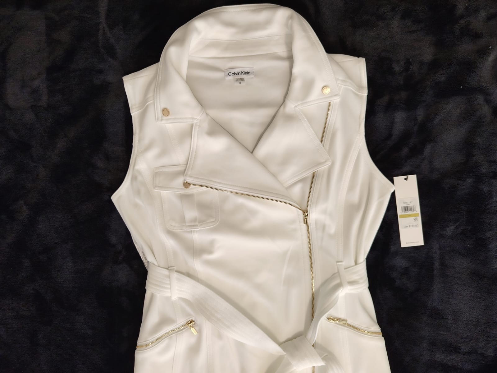Calvin Klein women’s sleevless moto dress with tie belt white/cream NWT Size 14