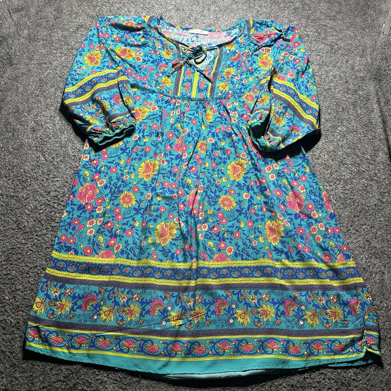 Blue Time Women L 38×36 Turquoise Floral Bohemain Print Pullover Dress