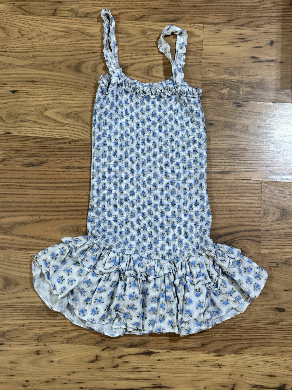 For Love Bell Blue Floral Smocked Ruffle Mini Dress – Size Medium