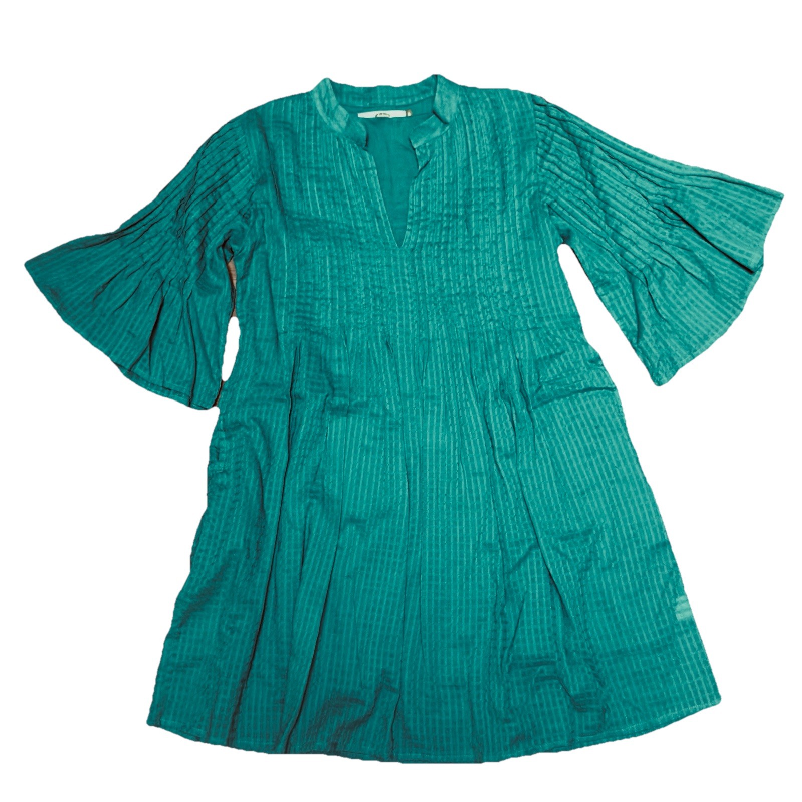 Dolma Teal Green Mini Dress Women’s Small Bell Sleeve Split Neck with pockets