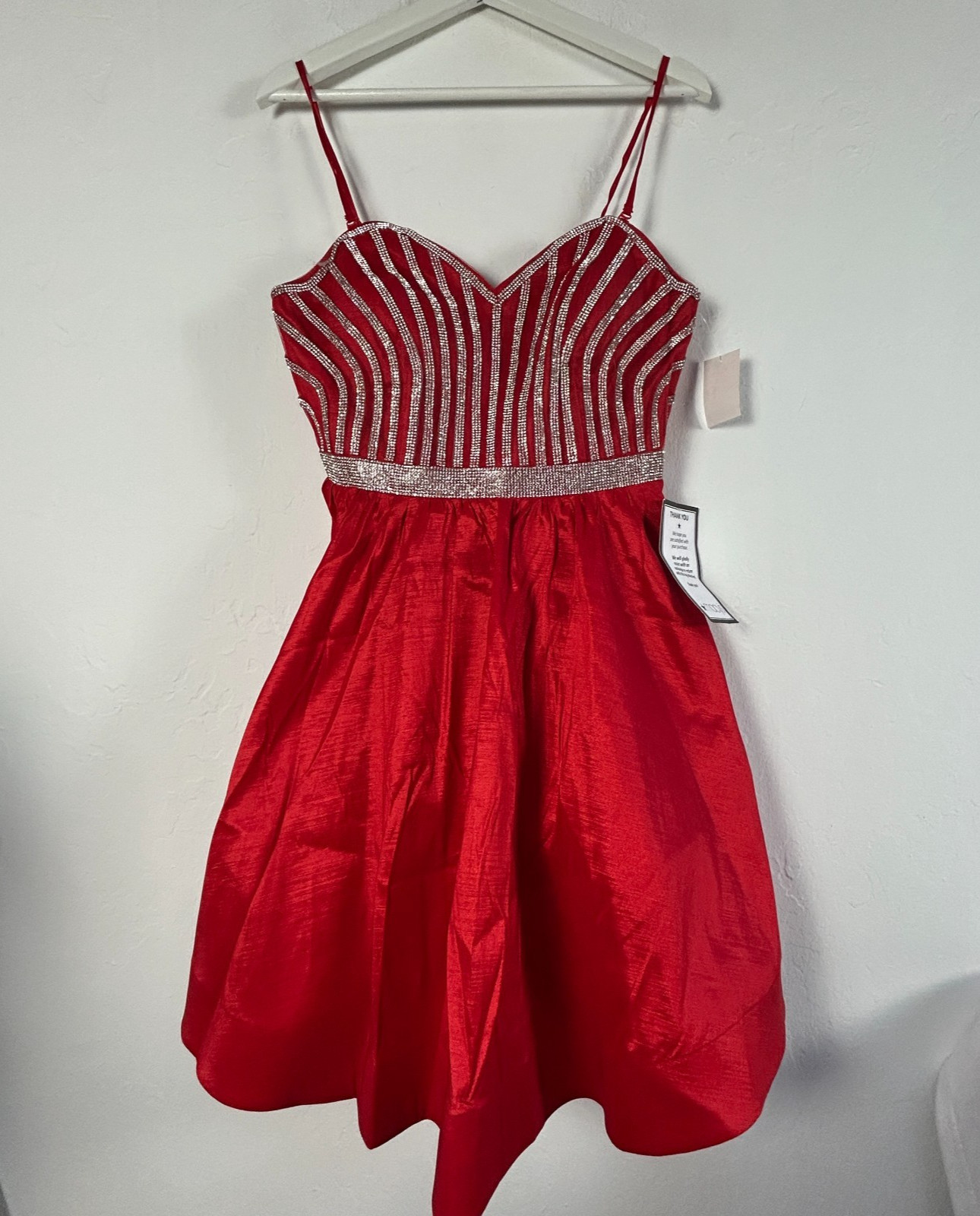 Crystal Doll Juniors’ Rhinestone Fit & Flare Mini Dress Red/Silver Size 5 New