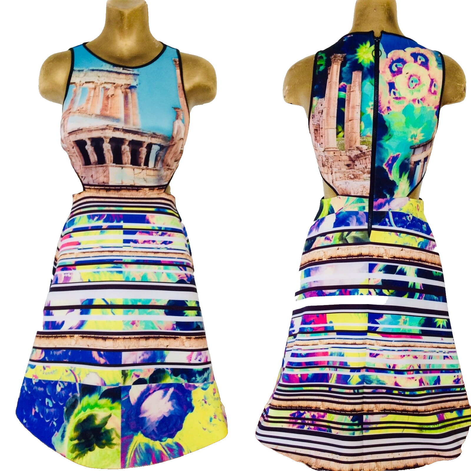 CLOVER CANYON Neoprene ACROPOLIS GARDEN Greek Greece Print DRESS S