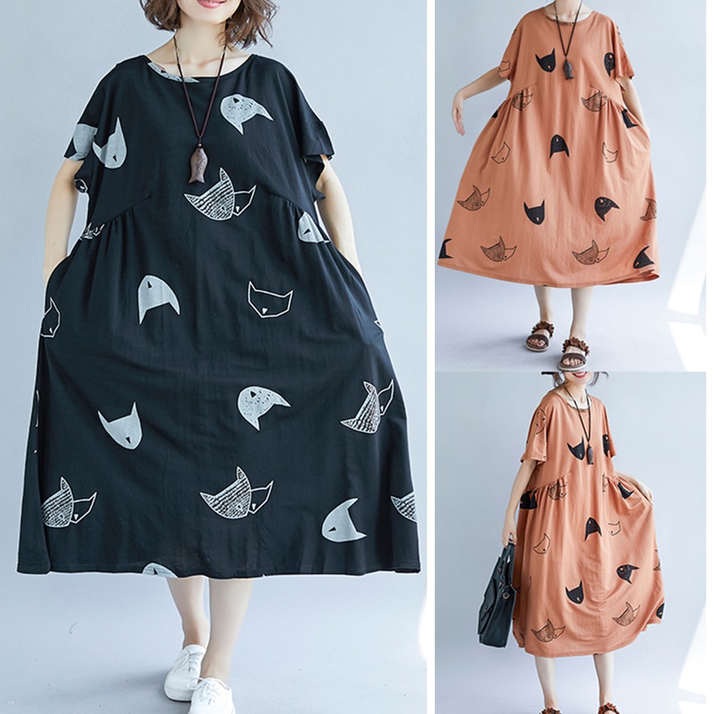 Plus Size Women Dress With Cute Character Cat Print For Fun